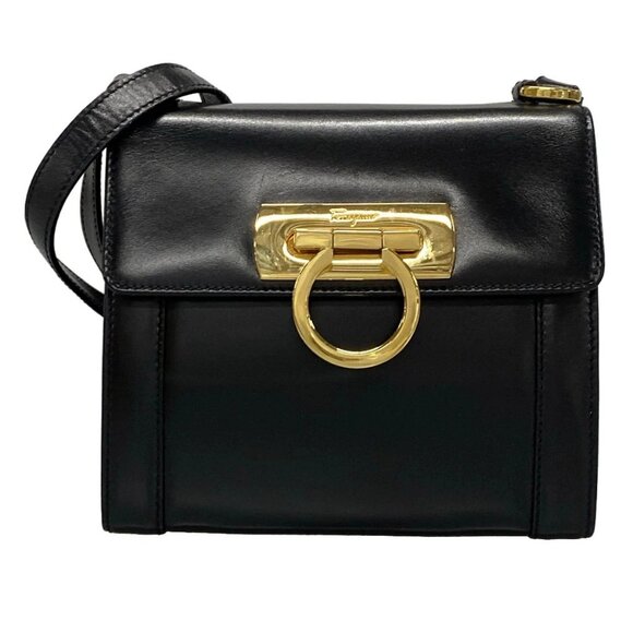 Salvatore Ferragamo Gancini Black Gold Leather Shoulder Bag